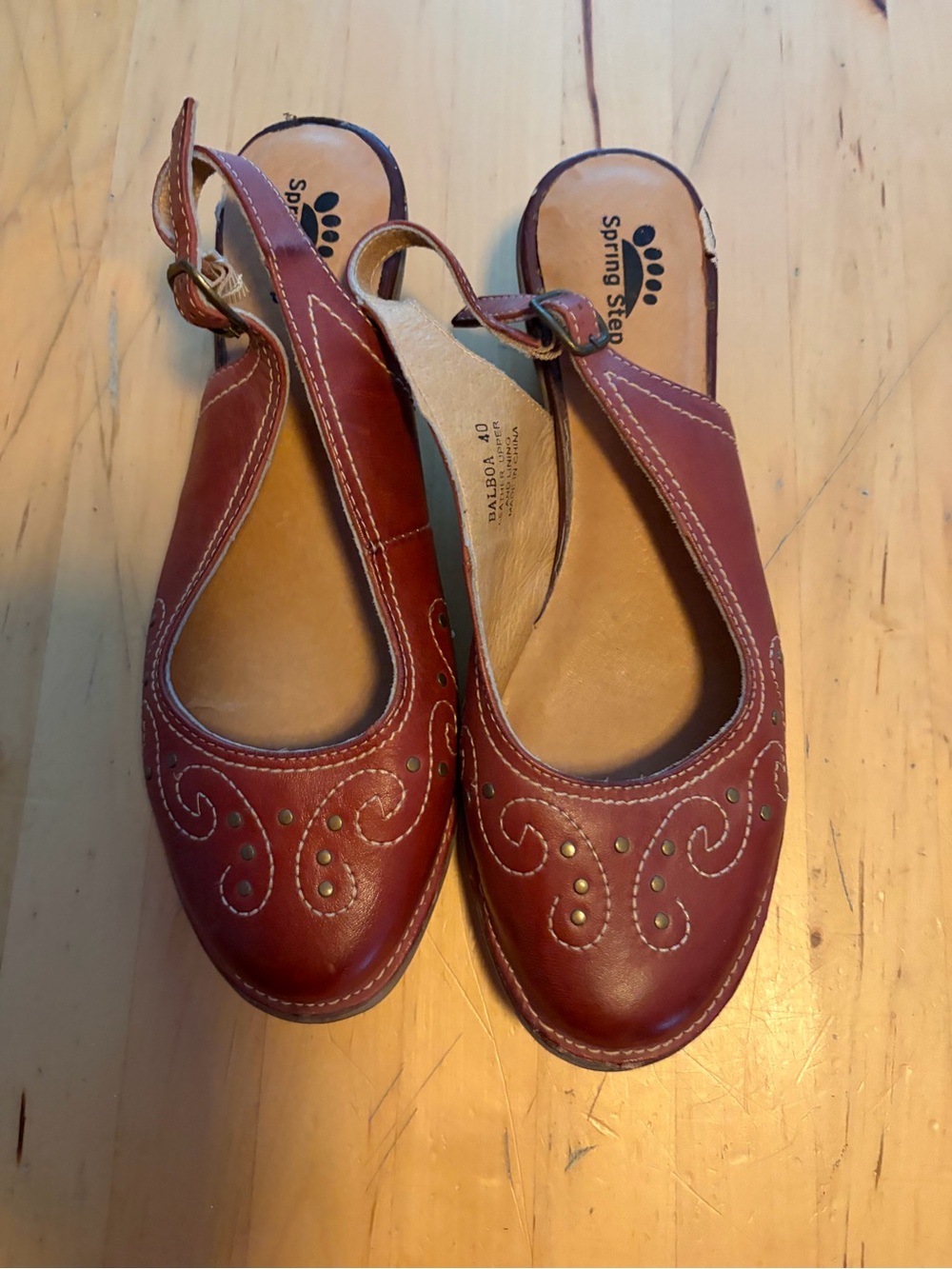 Spring Step Red Leather Slingback Clogs with Stud Detail